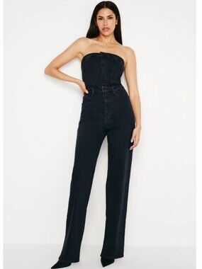 Good American Fit For Success Tube Denim Jumpsuit Strapless Black Size 1 Small